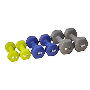 HolaHatha Hex Dumbbell Weight Training Home Gym Equipment Set with 5, 10, and 15 Pound Fitness Hand Weights and Storage Organization Rack, Multicolor