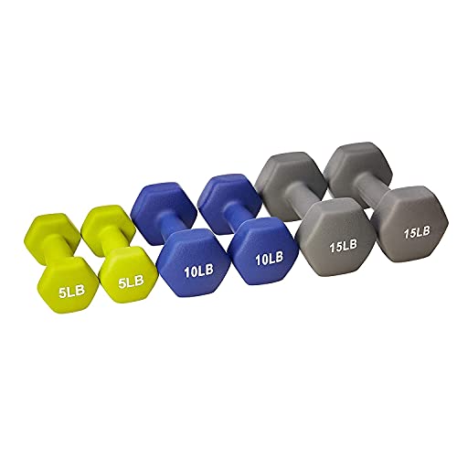 HolaHatha Hex Dumbbell Weight Training Home Gym Equipment Set with 5, 10, and 15 Pound Fitness Hand Weights and Storage Organization Rack, Multicolor