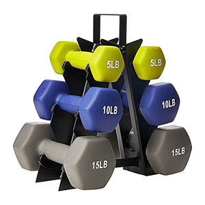 HolaHatha Hex Dumbbell Weight Training Home Gym Equipment Set with 5, 10, and 15 Pound Fitness Hand Weights and Storage Organization Rack, Multicolor