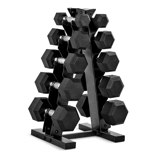 CAP Barbell 150 LB Coated Hex Dumbbell Weight Set with Vertical Rack, Black, New Edition