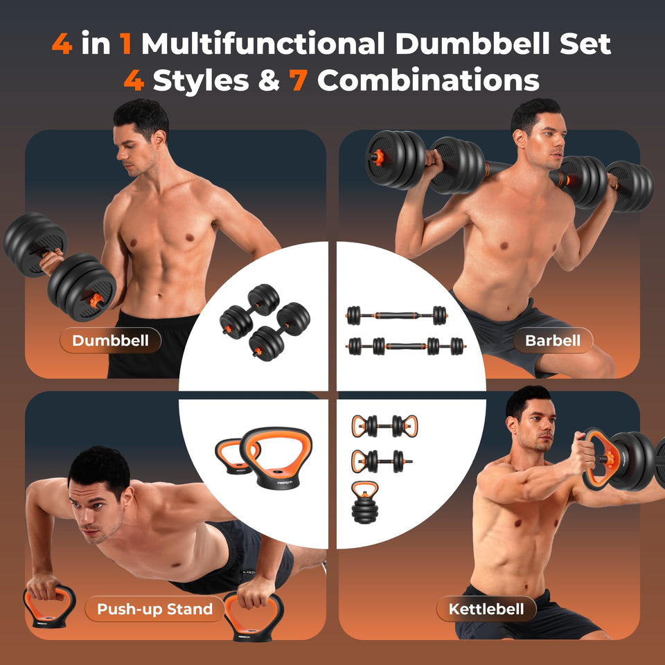 FEIERDUN Adjustable Dumbbells, 50lbs Free Weight Set with Connector, 4 in1 Dumbbells Set Used as Barbell, Kettlebells, Push up Stand, Fitness Exercises for Home Gym Suitable Men/Women