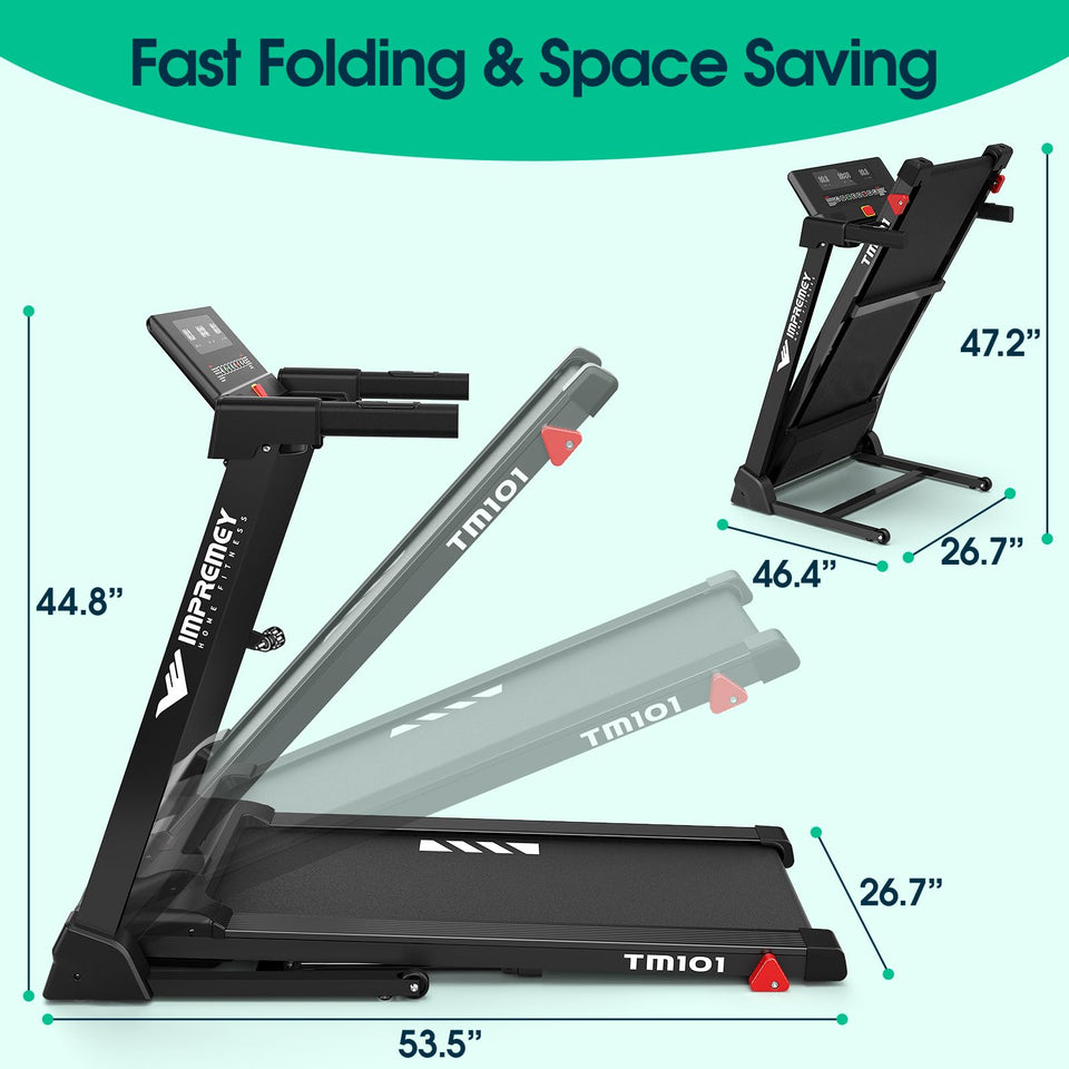 Impremey Folding Treadmill with Incline, Electric Treadmill with 42” x 16” Large Running Belt, Heart Rate Monitor, Easy Assembly, 64 Preset Programs, 7.5 Mph Speed, 2.5HP, Compact Design for Home