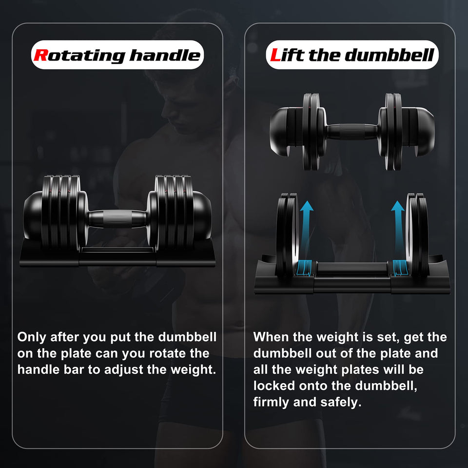 ALTLER 52LB pair Dumbbell Set with Tray for Workout Strength Training Fitness, Adjustable Weight Dial Dumbbell with Anti-Slip Handle and Weight Plate for Home Exercise