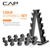 CAP Barbell 150 LB Coated Hex Dumbbell Weight Set with Vertical Rack, Black, New Edition